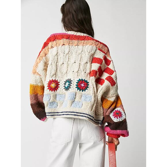 FREE PEOPLE Clear Skies Cardi Sweater in Cream Combo Size Large - Picture 2 of 9